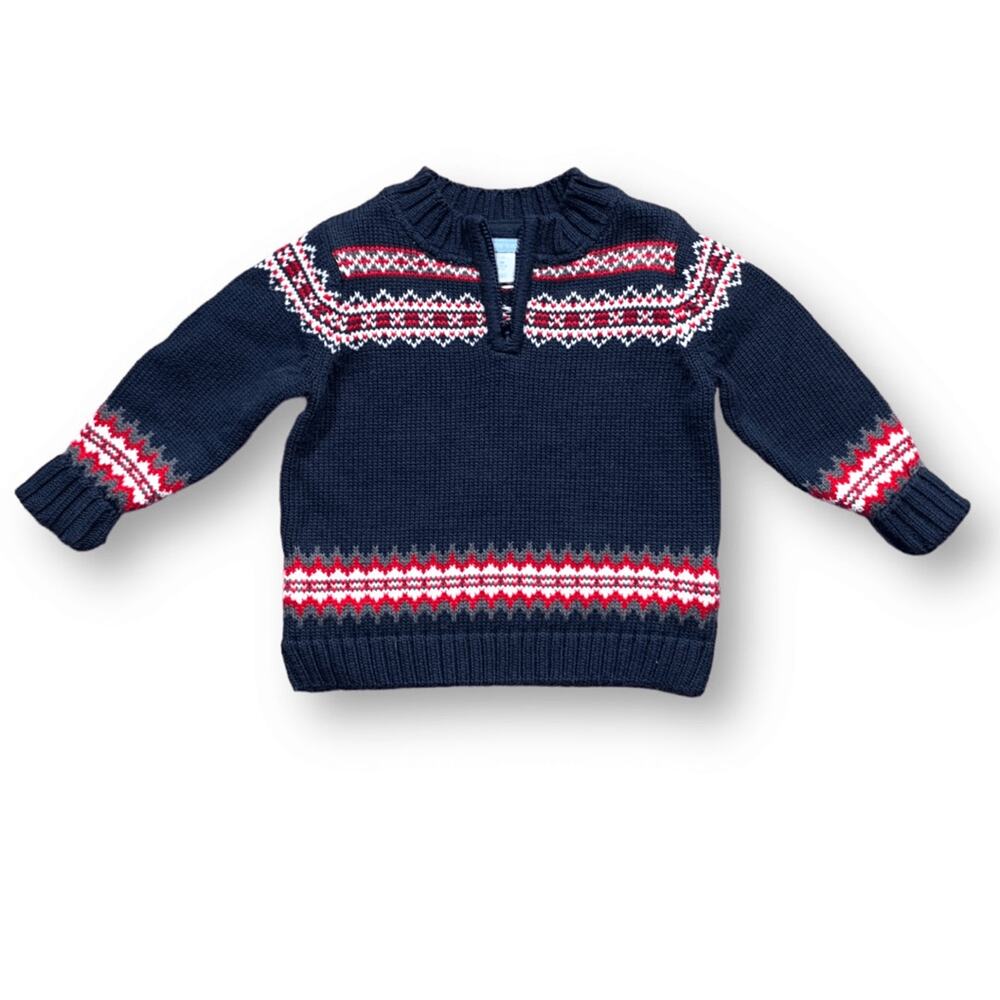 Infant Lands End Sweater Blue Fair Isle Quarter Zip Mock Neck Knit Long Sleeve